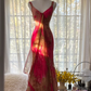 Pink retro color-blocked halter-neck fitted long ball gown R7733