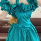 Peacock Blue Off-the-Shoulder Waist-Cinched Fitted Ball Gown R7331