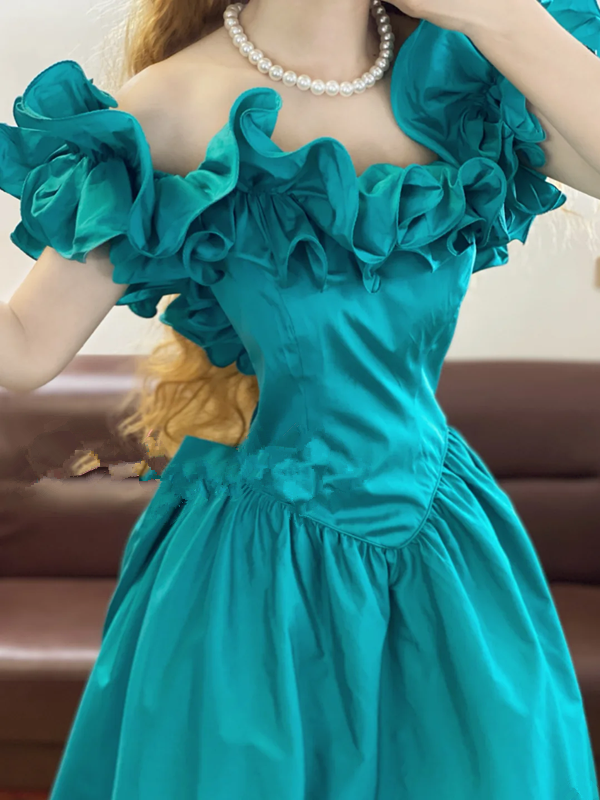 Peacock Blue Off-the-Shoulder Waist-Cinched Fitted Ball Gown R7331