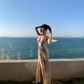 Champagne-colored sequined halter-neck fitted long sexy ball gown R8864