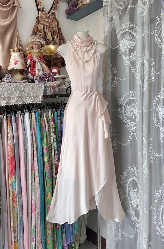 Light pink sleeveless satin waist slim maxi ball gown R6138