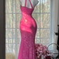 Rose pink one-shoulder halter waist slim fit hip-hugging sexy long ball gown R7693