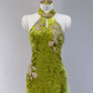 Green halter-neck, fitted waist, sexy long ball gown R9044