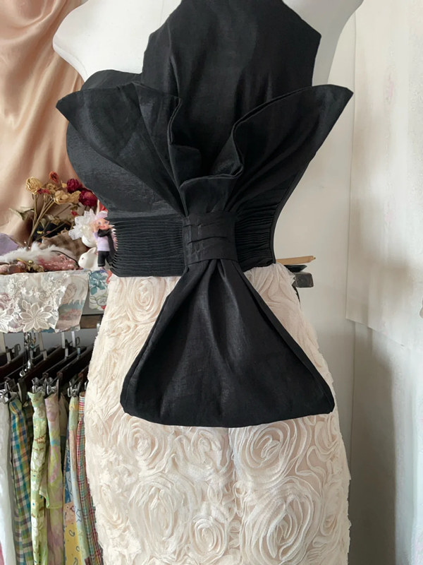 Black strapless fitted waist apricot fishtail bodycon long dress, ball gown R6338