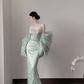 Light green strapless, waist‑cinching, slim‑fit, bodycon sexy long ball gown R8003