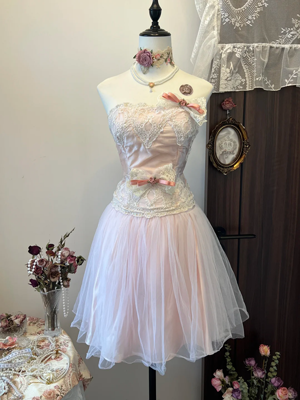 Pink tube top lace waist slim fit A-line big swing skirt mid-length skirt homecoming dress R4316