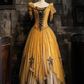 Gold square neckline, fitted waist, long ball gown with a full skirt R8124