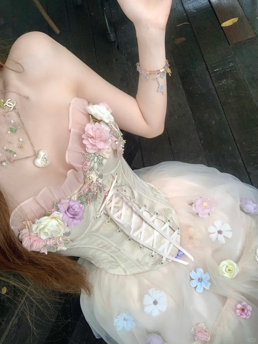 White tube top pink three-dimensional flower fishbone waist slim fit puffy tulle skirt homecoming dress R4234