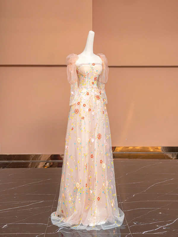 Light pink fitted floral print long ball gown, bridal dress R8493