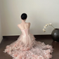 Light pink strapless, waist‑cinched, slim‑fit, ruffled‑hem long prom dress R7964