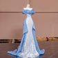 Light blue off-the-shoulder fitted long ball gown R8379