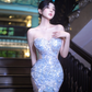 Light Blue Sequin Strapless Waist-Cinched Fitted Mermaid Floor-Length Dreamy Prom Dress R7097