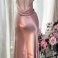 Champagne pink halter-neck satin fitted long ball gown R7652