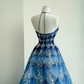 Blue sequined halter neck gradient waist slim A-line long skirt, prom dress R5663