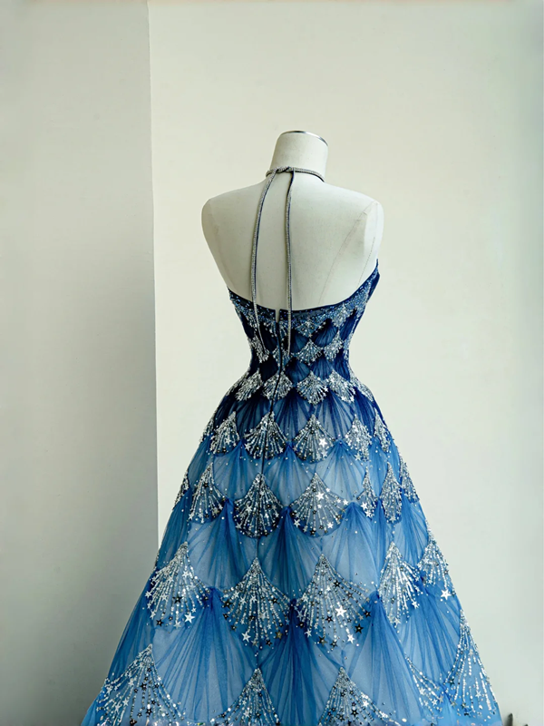 Blue sequined halter neck gradient waist slim A-line long skirt, prom dress R5663