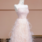Light pink strapless, fitted waist, long ball gown with feather skirt design; bridal gown R8345