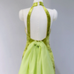 Green halter-neck, fitted waist, sexy long ball gown R9044