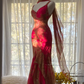 Pink retro color-blocked halter-neck fitted long ball gown R7733
