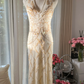 Light apricot halter neck fitted waist slim back sexy long ball gown R7764