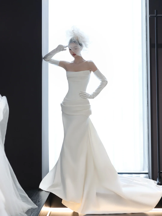 White tube top waist slim fit satin sexy long dress bridal gown R6039