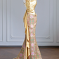 Gold strapless fitted waist slim retro print sexy long ball gown/bridal dress R8238