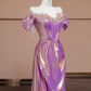 Purple-red off-the-shoulder fitted satin long ball gown, bridal dress R8288