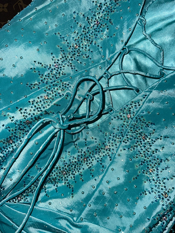 Light blue strapless fitted long ball gown R7017