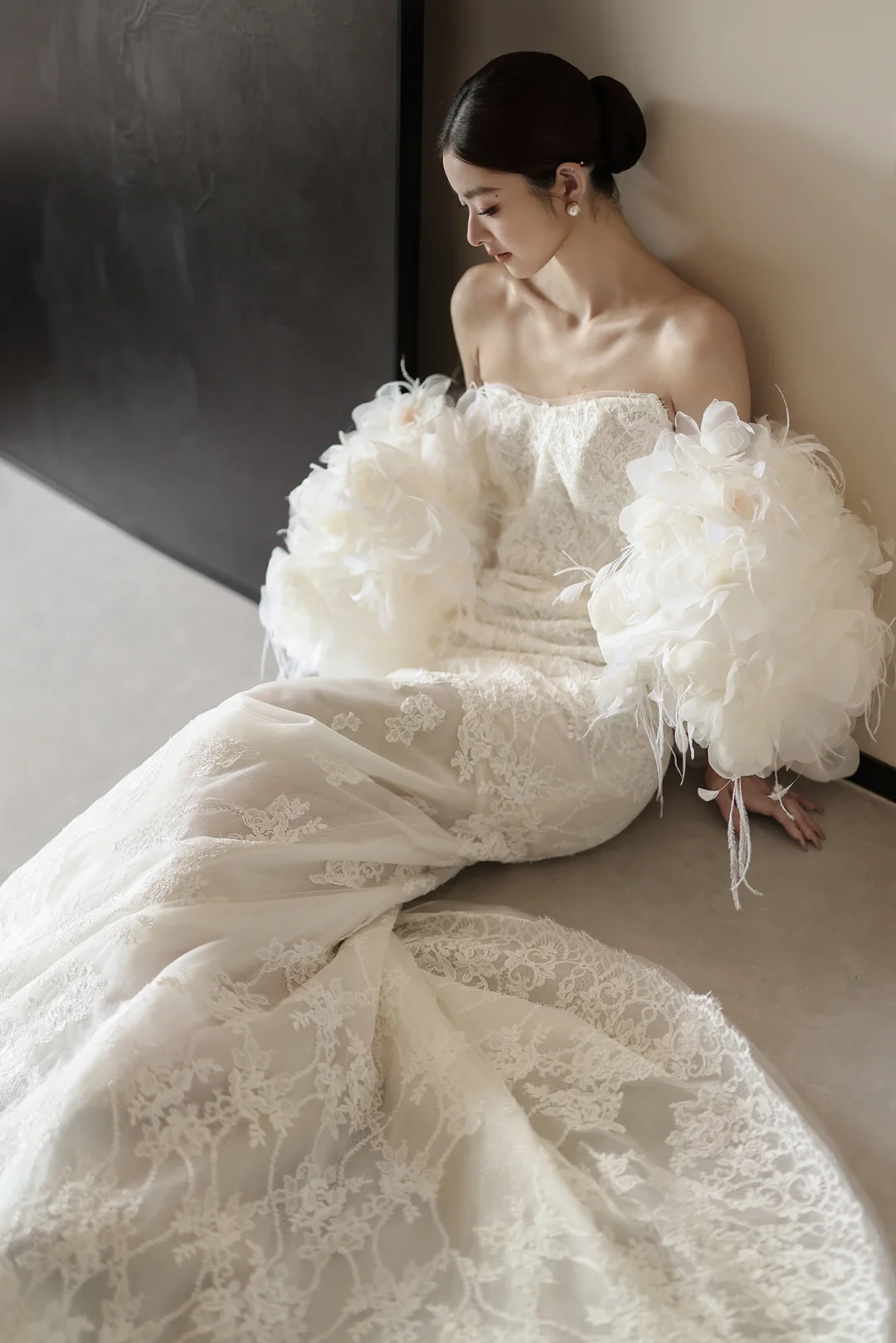 White strapless lace waist slim elegant fishtail sexy long dress bridal gown R6059