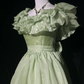 Green ruffled neckline design waist slim fit puffy mid-length skirt homecoming dress R4925