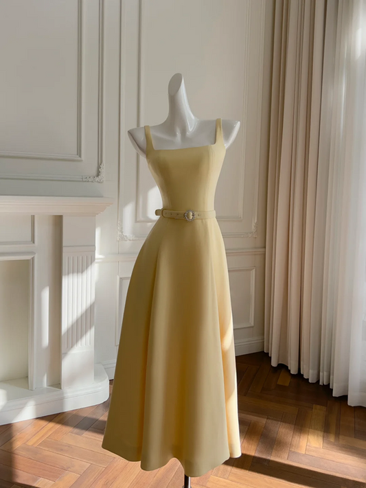 Yellow suspenders slim waist elegant temperament long skirt homecoming dress R5188