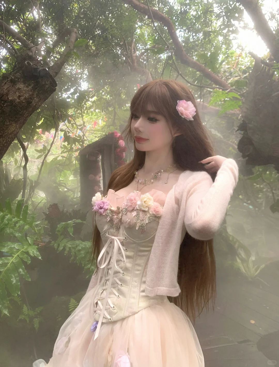 White tube top pink three-dimensional flower fishbone waist slim fit puffy tulle skirt homecoming dress R4234