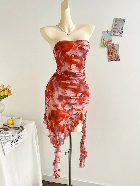 Red tube top waist pleated irregular skirt dress, prom dress R5428