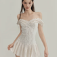 White lace neckline one-shoulder waist slim pleated skirt homecoming dress R4804