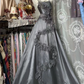 Gray Spaghetti Strap Waist-Cinched Slim-Fit Full Skirt Ball Gown R7416