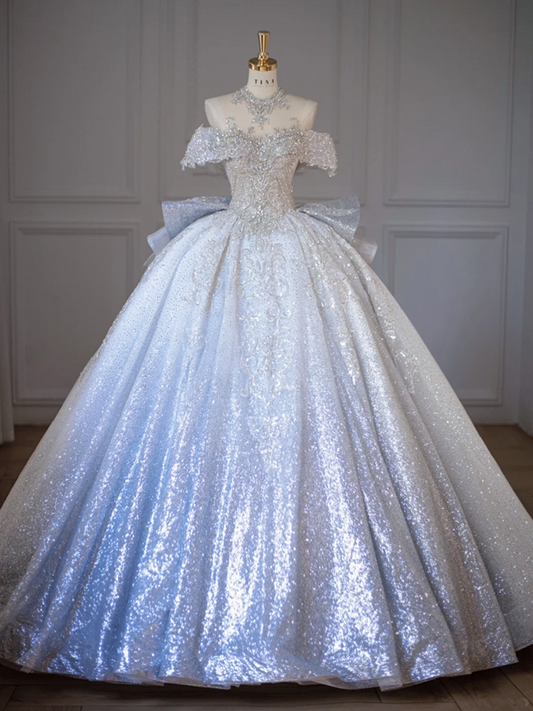 Blue gradient color bright diamond one shoulder waist slim fit heavy puffy skirt ball gown bridal gown R5860