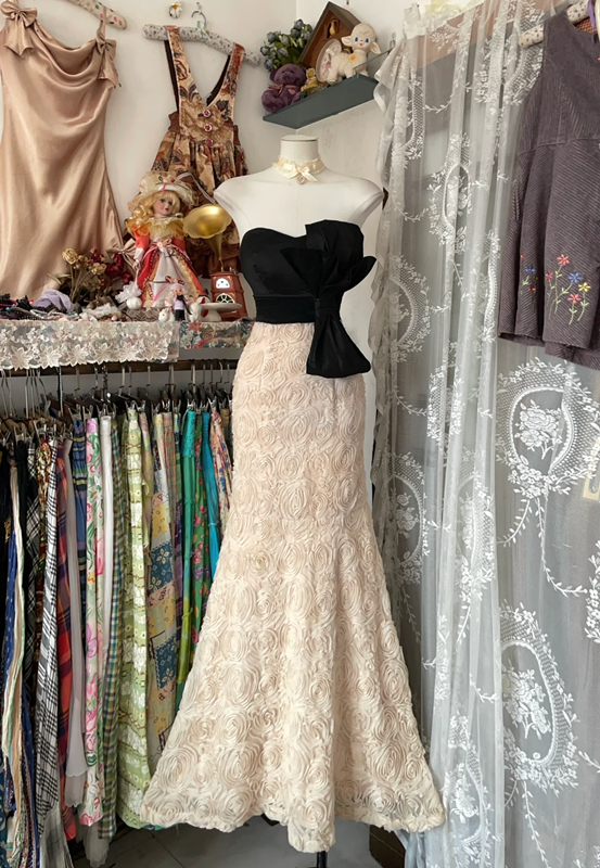 Black strapless fitted waist apricot fishtail bodycon long dress, ball gown R6338