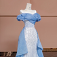 Light blue off-the-shoulder fitted long ball gown R8379