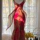 Pink retro color-blocked halter-neck fitted long ball gown R7733