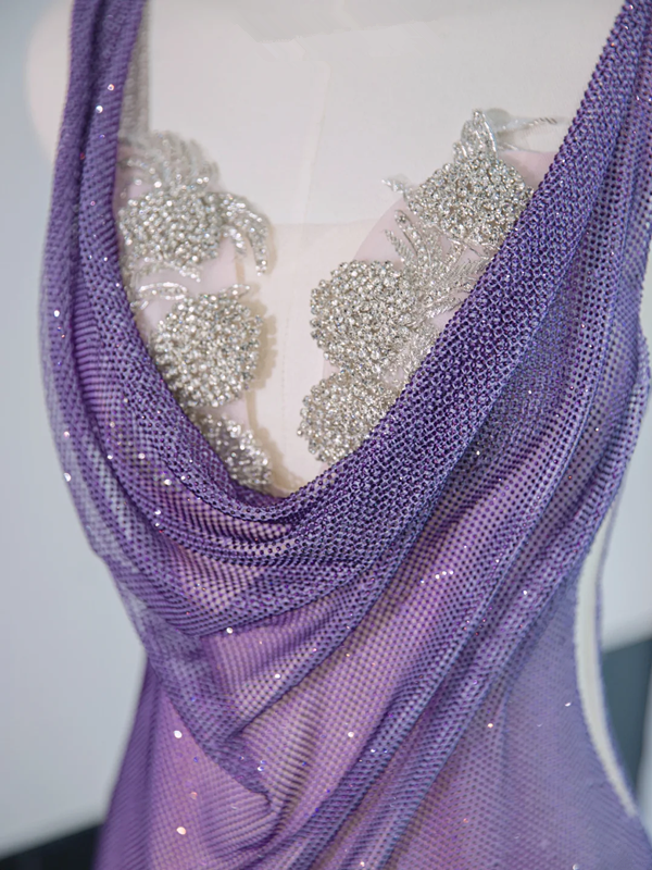 Purple halter neck, fitted waist, sexy long ball gown R9014