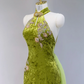 Green halter-neck, fitted waist, sexy long ball gown R9044