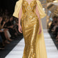 Gold one-shoulder slim waist long dress, prom dress R5348