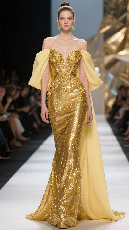 Gold one-shoulder slim waist long dress, prom dress R5348