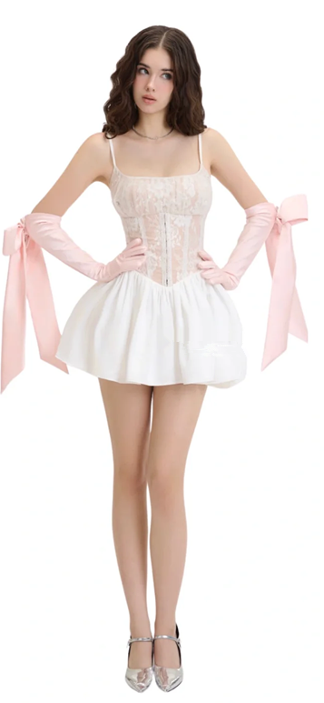 White suspender lace waist sexy A-line skirt short skirt homecoming dress R4478