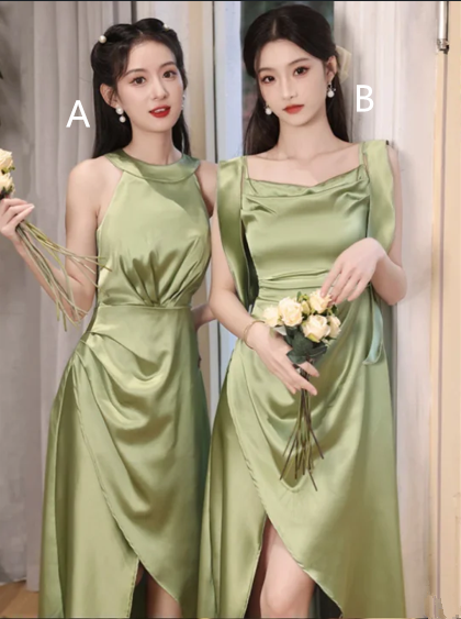 Light green satin fitted waist elegant ball gown, bridesmaid dress R6120