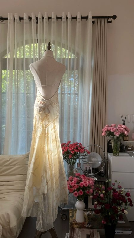 Light apricot halter neck fitted waist slim back sexy long ball gown R7764