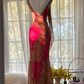 Pink retro color-blocked halter-neck fitted long ball gown R7733