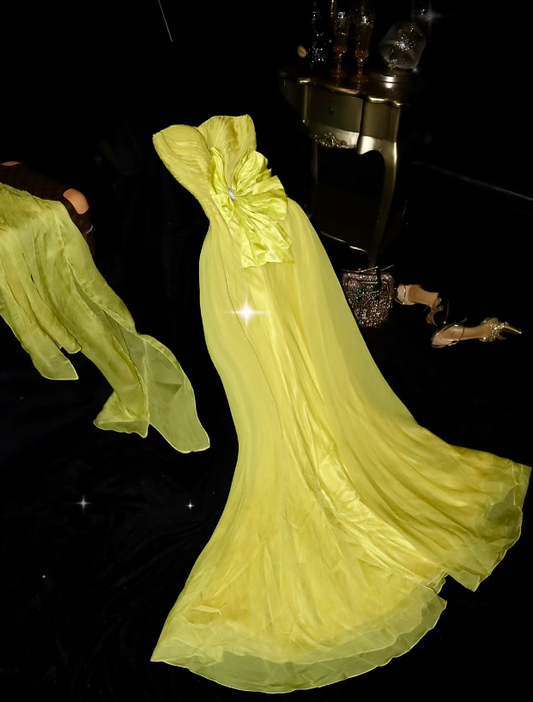 Yellow strapless fitted waist elegant long ball gown R6417