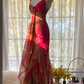 Pink retro color-blocked halter-neck fitted long ball gown R7733