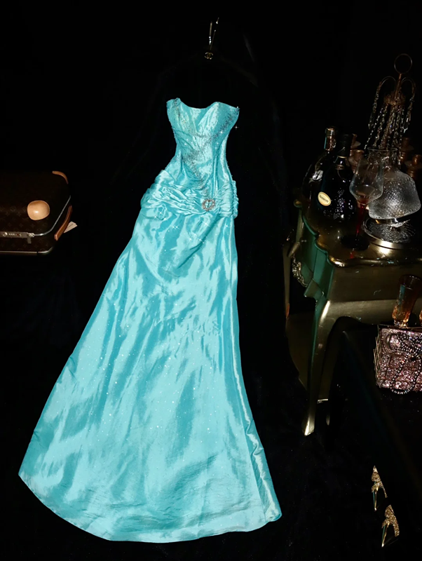 Light blue strapless fitted long ball gown R7017