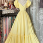 Light yellow puff-sleeved, fitted waist sexy long ball gown R7570